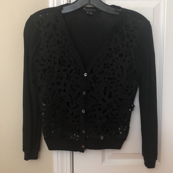 Theory Avey Cardigan Top p Black Lace Floral - Picture 1 of 7